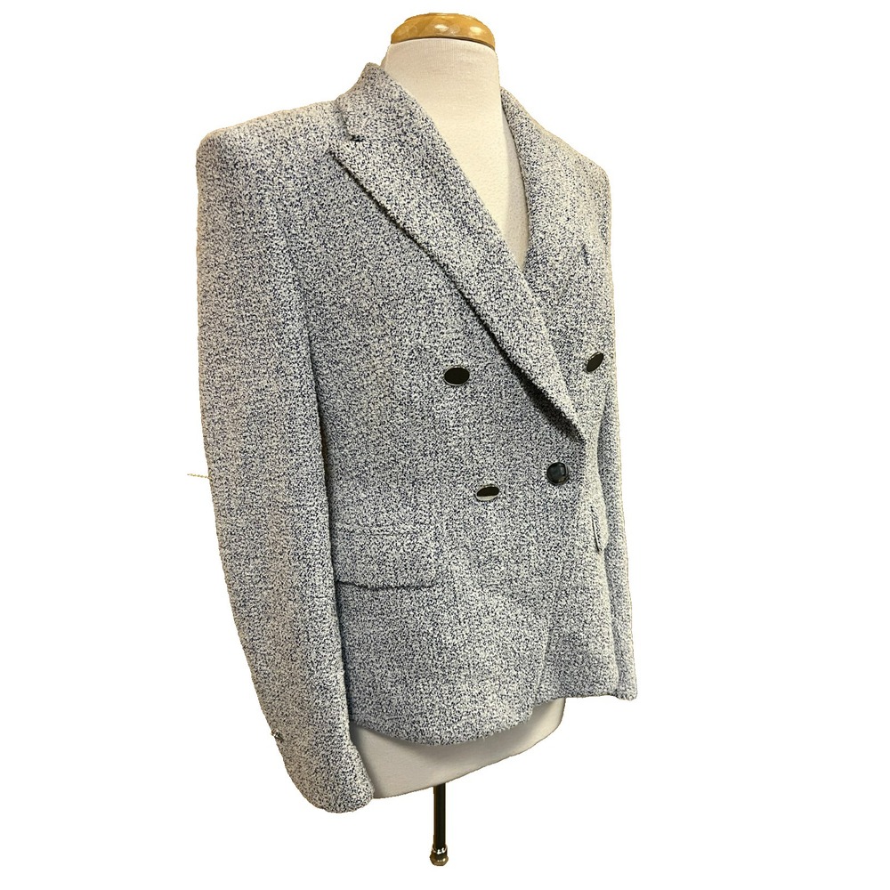 Boss Hugo Boss Double Breasted Blazer White Blue Tweed Linen Bend Lined SZ 10